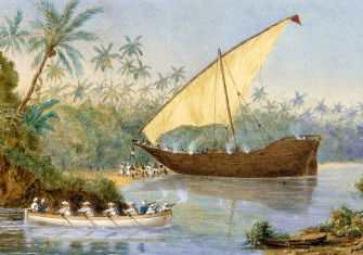 HMS London chasing a slaving dhow near Zanzibar. Watercolour by Rev Robert O’Donelan Ross-Lewin, 1876-77. (National Maritime Museum, Greenwich)