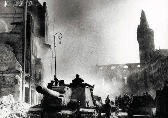 The Red Army storms Königsberg shortly before the collapse of the city on 9 April 1945. AFP/Getty Images.