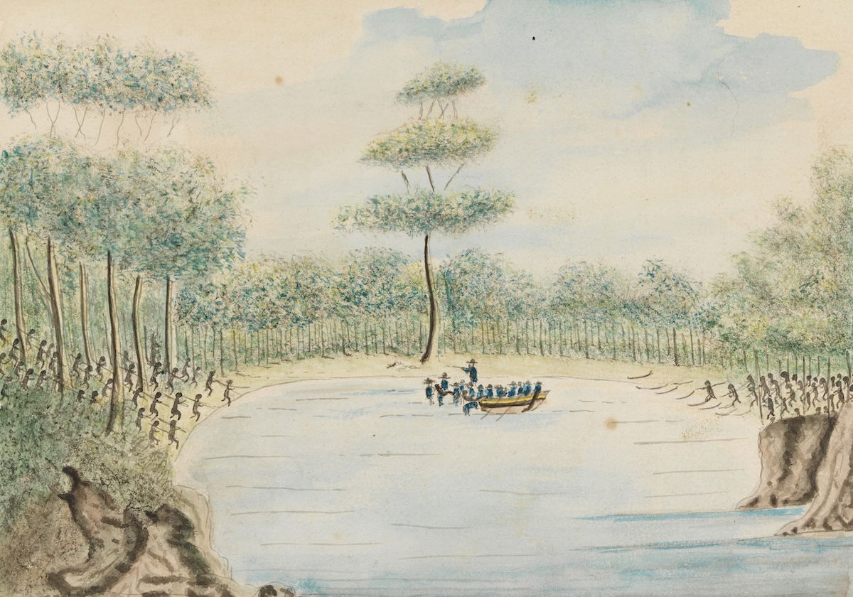 The kidnap of Bennelong, 25 November 1789, William Bradley, 1802. State Library of New South Wales. Public Domain.