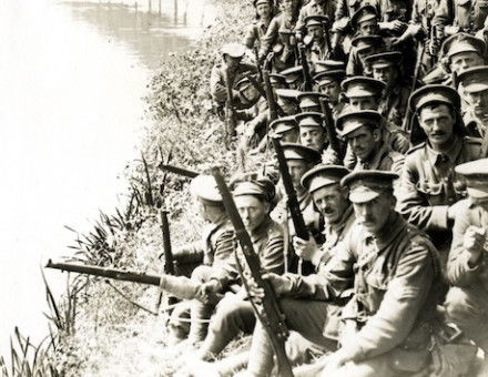 A battalion of the new army resting on a march near Merville, France, H. D. Girdwood, 5 August 1915. British Library. Public Domain.