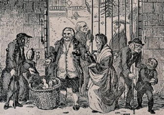 A wealthy man stands at the gate of his mansion handing out food to the poor at Christmas, etching by R. Seymour, 1831. Wellcome Collection. Public Domain.