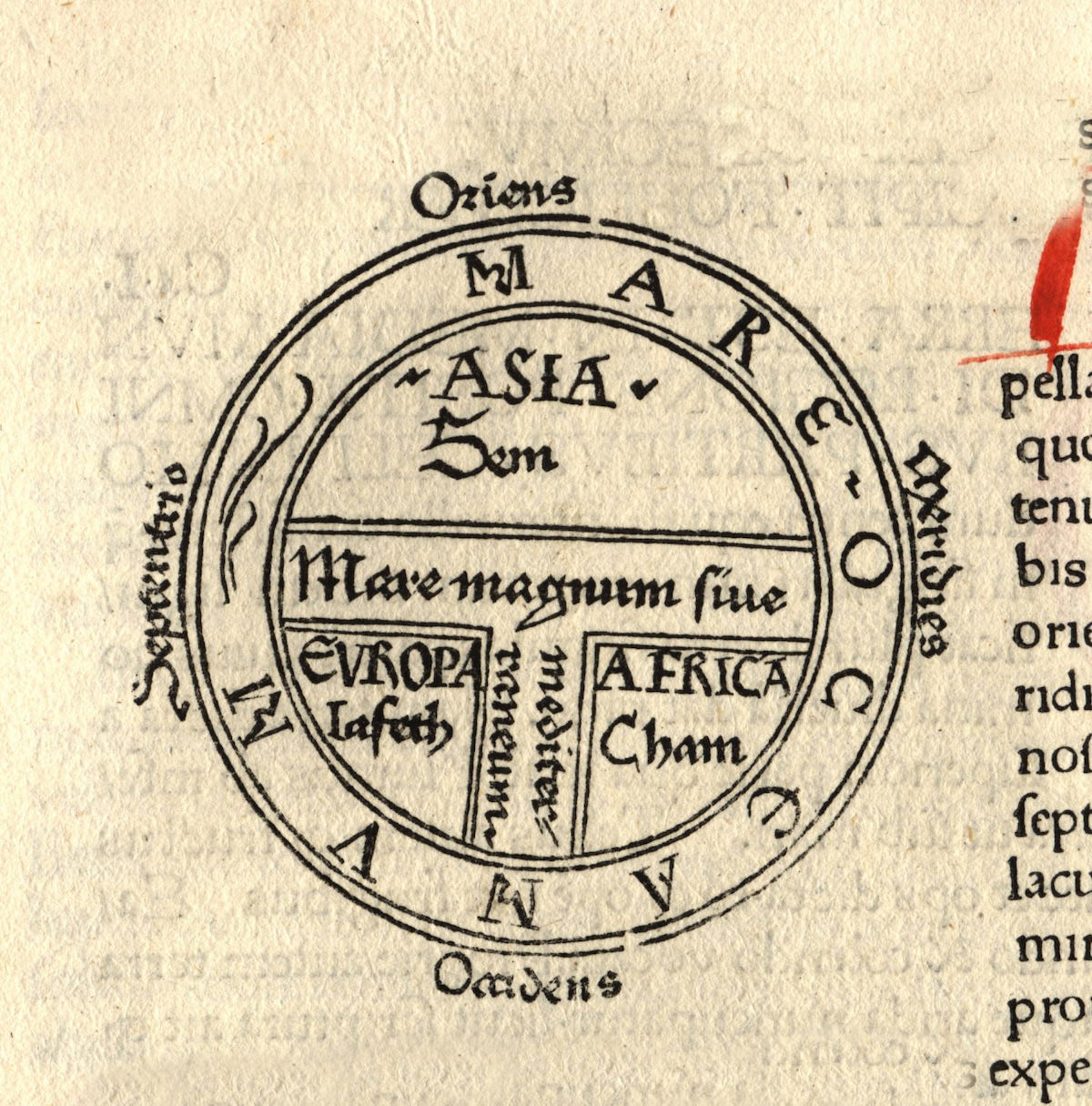 World map identifying Asia with Shem, Europe with Japheth, and Africa with Ham. From Isidore of Seville’s Etymologiae, printed in Augsburg, 1472. Harry Ransom Center, The University of Austin, Texas. Public Domain.