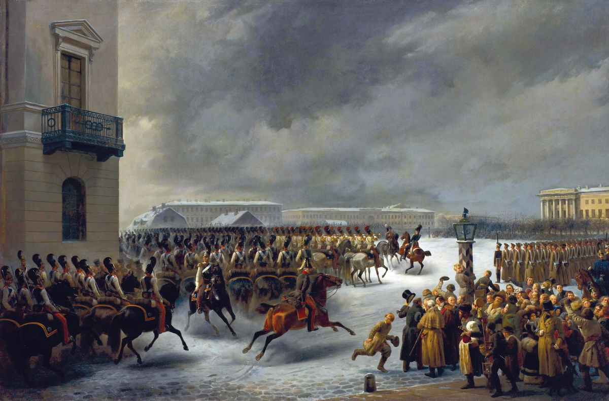 Life Guards Horse Regiment during the Uprising of December 14, 1825, Senate Square St Petersburg, by Georg Wilhelm Timm, 19th century. Hermitage Museum, St Petersburg.