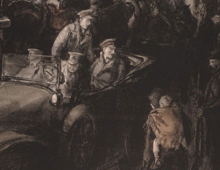 A British staff car passes refugees, by Geralf Spencer Pryse, 1914. Prints, Drawings and Watercolors from the Anne S.K. Brown Military Collection. Brown Digital Repository. Brown University Library. Public Domain.