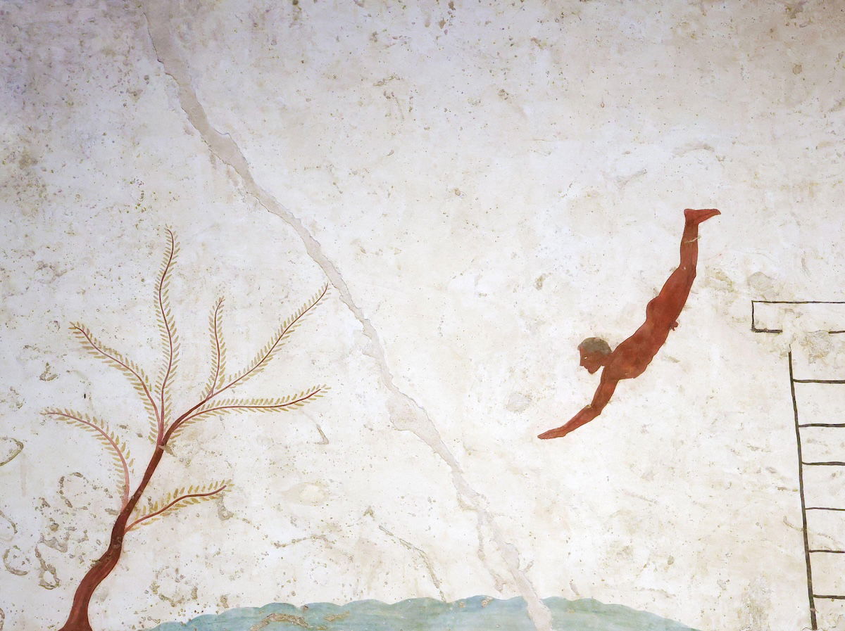 The ceiling of the Tomb of the Diver, Paestum, c.480 BC. Peregrine/Alamy Stock Photo.