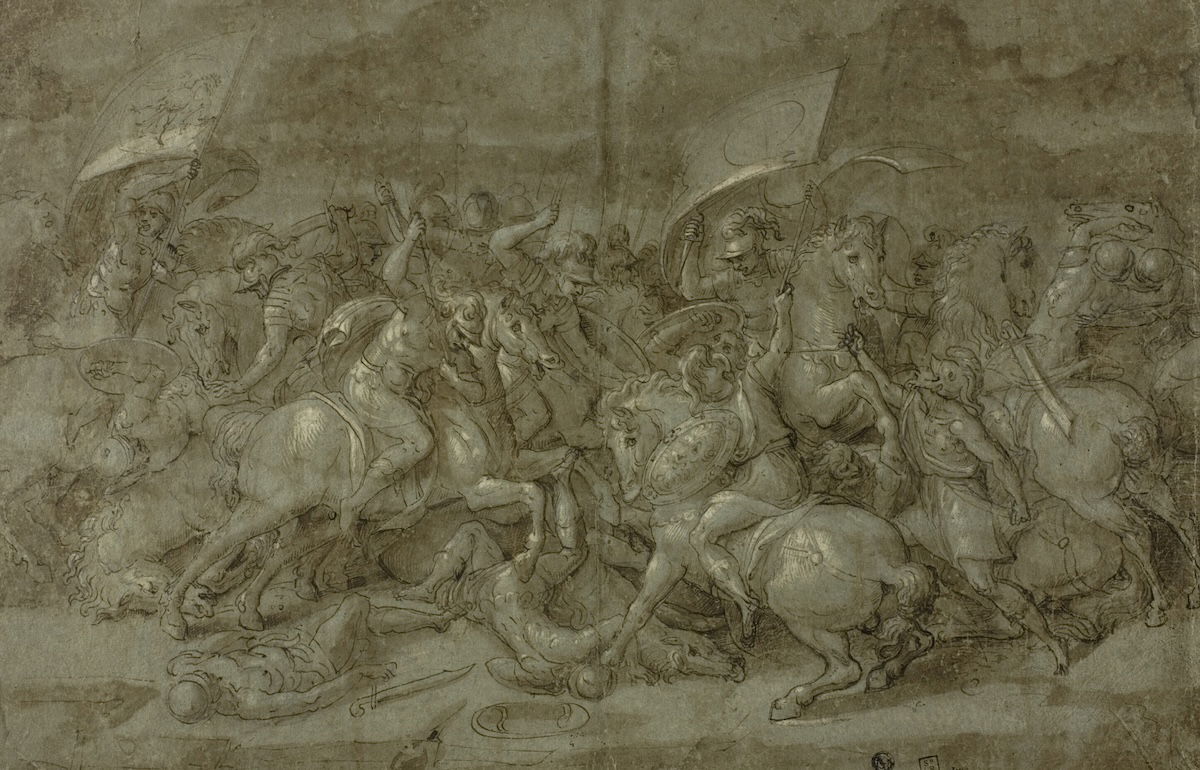 Battle between Romans and barbarians, unknown artist, 16th century. Art Institute of Chicago. Public Domain.