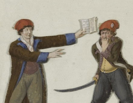 Revolutionaries brandishing Murat’s journal, Jean-Baptiste Lesueur, c.1793-4. Musée Carnavalet, Histoire de Paris. Public Domain.