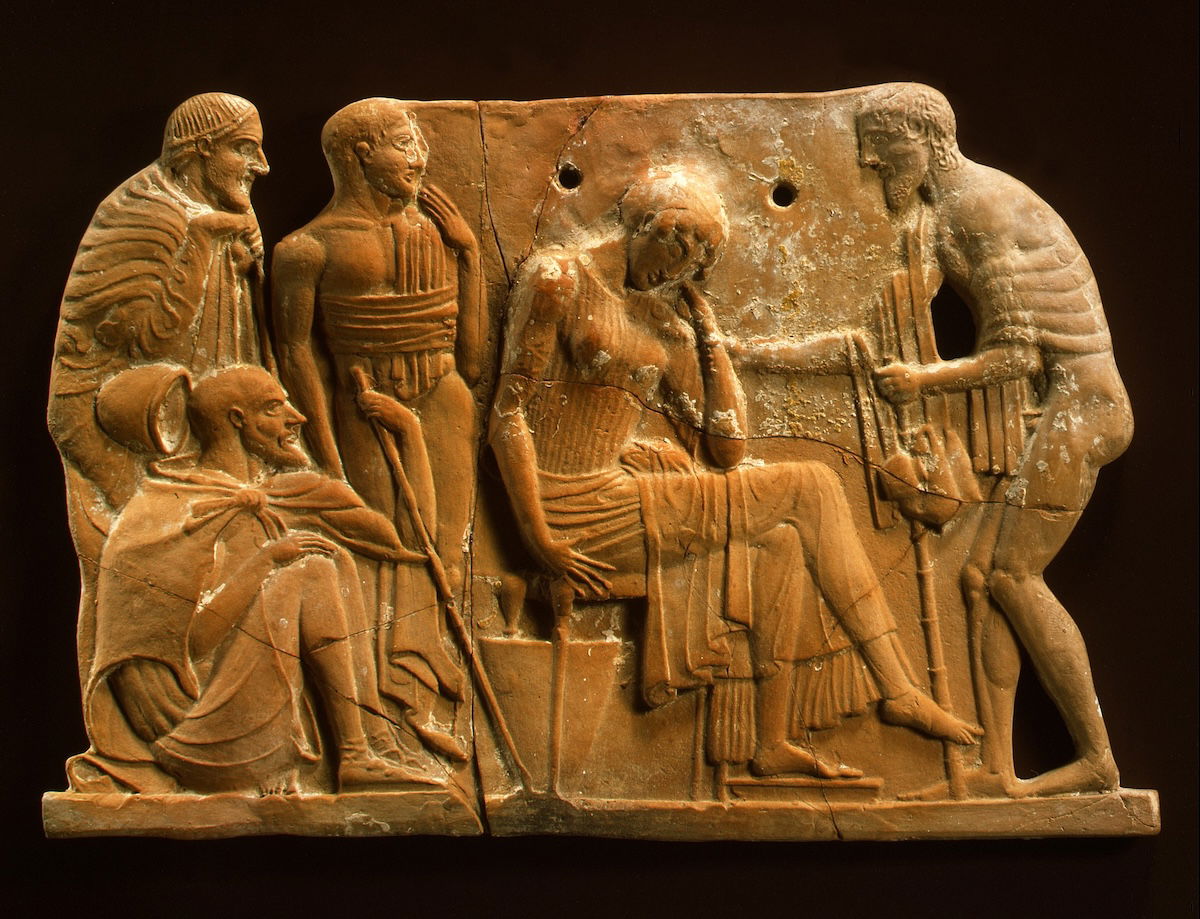 Odysseus returning to Penelope, from Homer’s Odyssey, terracotta plaque, c.460-50 BC. Metropolitan Museum of Art. Public Domain.