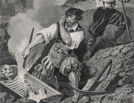 ‘The end of a Bohemian vampire as his coffin is opened and a red hot iron is plunged into his evil heart’. Illustration by René de Moraine from Paul Féval’s Les Tribunaux Secrets, 1872. Chronicle/Alamy Stock Photo.