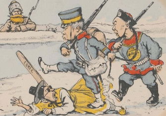 Satirical illustration of the Russo-Japanese War, depicting a Japanese soldier stepping on a Korean as a Russian looks on. By Georges Ferdinand Bigot, Paris, c.1904. Museum of Fine Arts, Boston. Public Domain.
