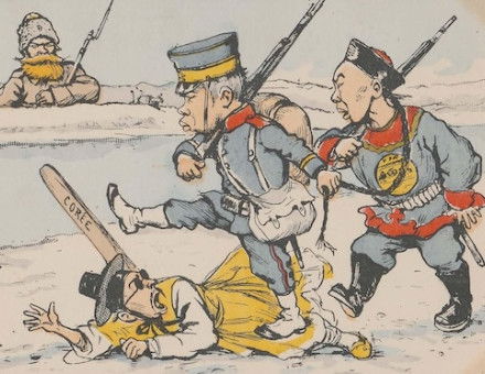 Satirical illustration of the Russo-Japanese War, depicting a Japanese soldier stepping on a Korean as a Russian looks on. By Georges Ferdinand Bigot, Paris, c.1904. Museum of Fine Arts, Boston. Public Domain.