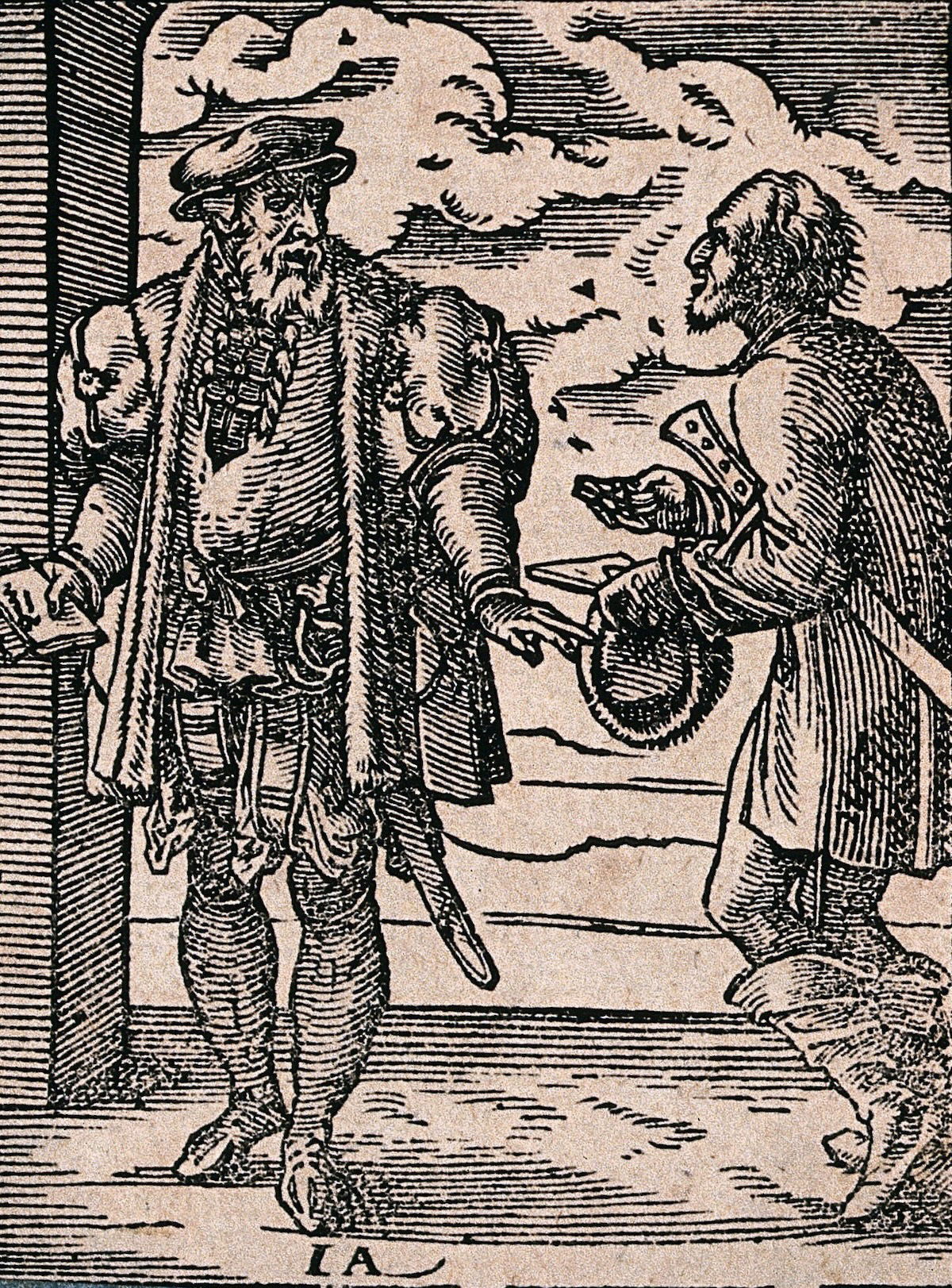 A lawyer receiving a plea from a poor man, woodcut by Jost Amman, 1568. Wellcome Collection. Public Domain.