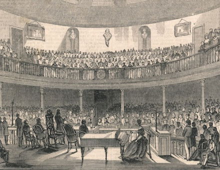 Charles Dickens addressing the Liverpool Mechanics’ Institution, Illustrated London News, 2 March 1844. Illustrated London News/Mary Evans.