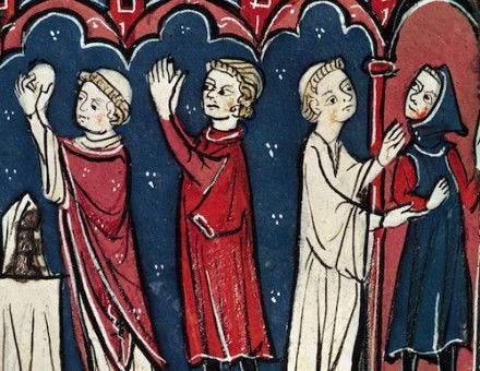 Scene showing communion (left) and excommunication (right) from the Decretales of Giovanni d’Andrea, 13th century. Luisa Ricciarini/Bridgeman Images.