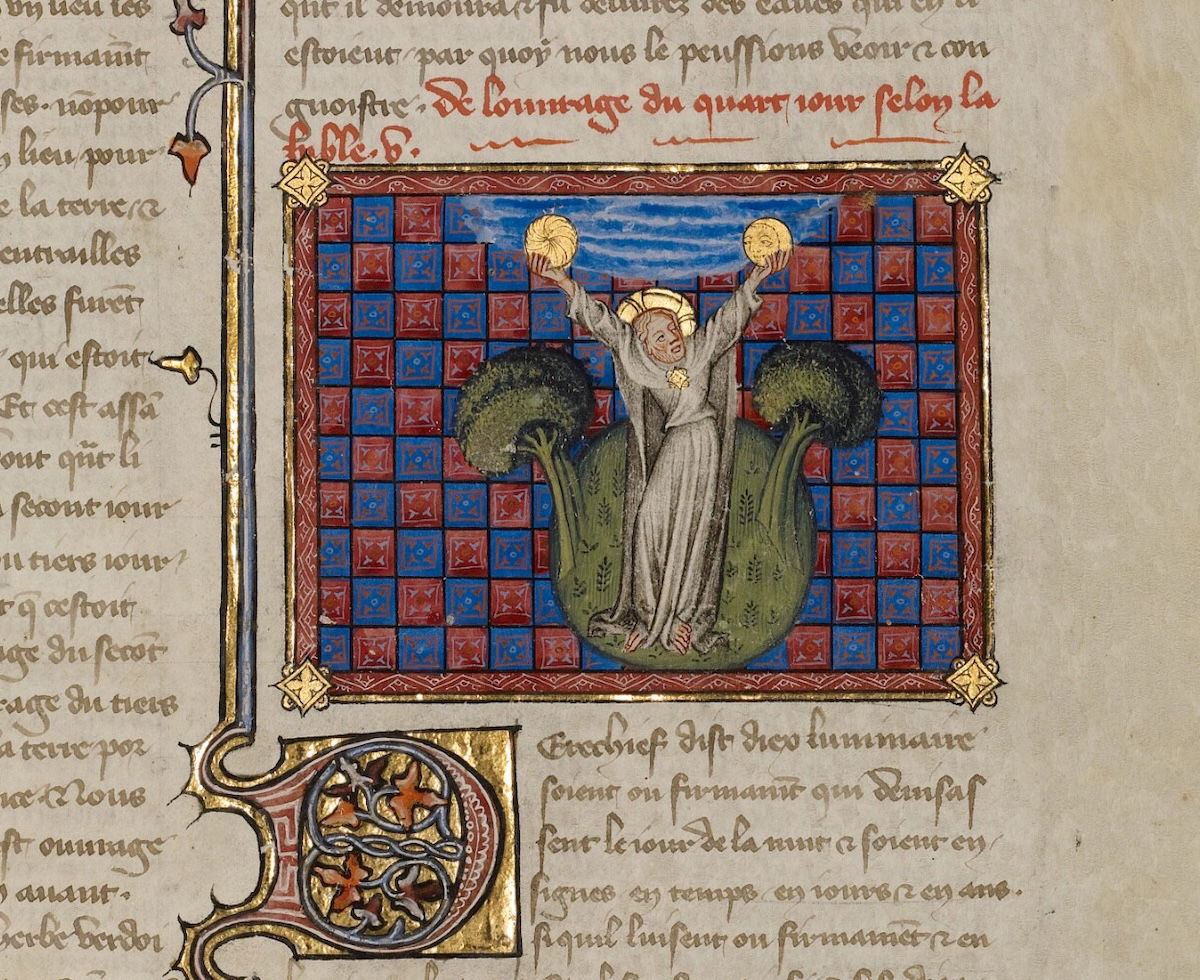 The Creation of the Sun and the Moon, Master of Jean de Mandeville, c.1350-70. J. Paul Getty Museum. Public Domain.