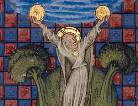 The Creation of the Sun and the Moon, Master of Jean de Mandeville, c.1350-70. J. Paul Getty Museum. Public Domain.