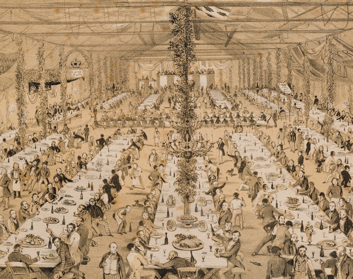 Old Colonists Festival Dinner held at the City Bridge Hotel, Adelaide, 27 March 1851, by Samuel Gill. State Library NSW. Public Domain.