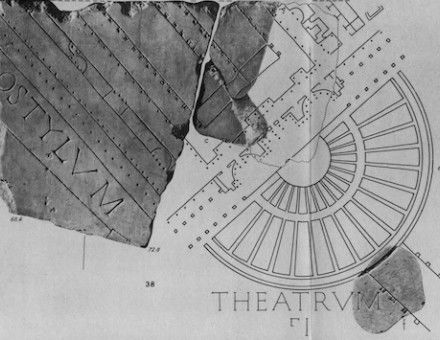 Drawings of a plan of Pompey’s theatre as depicted on a now lost section of the Severan Marble Plan of Rome, 203-311 AD. Sovraintendenza ai Beni Culturali del Comune di Roma.