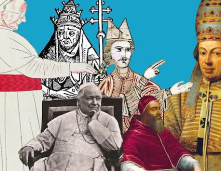 Left-right: Pius XI, Gregory III, Pius IX,cGregory VII, Clement VII, and Pius VI.. Archives Charmet / Bridgeman Images, Rijksmuseum, Fototeca Gilardi/Bridgeman Images, The J. Paul Getty Museum, Los Angeles, and Photo Josse/Bridgeman Images.