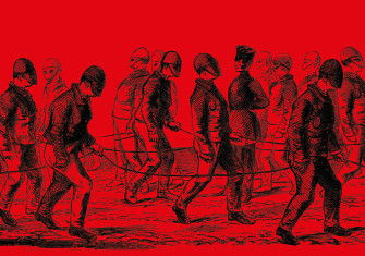 Convicts wearing ‘mask hats’ exercising at Pentonville Prison. Engraving by Swain after Bennett, c.1870.