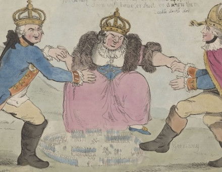 A Dance round the Poles, cartoon on the partition of Poland between Russian empress Catherine II, Prussian king Frederick II, and Austrian emperor Joseph II, Richard Newton, 1794. Muzeum Narodowe w Warszawie. Public Domain.