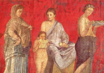The first fresco from Pompeii’s Villa of Mysteries depicting the reading of the rituals of the bridal mysteries. DIRECTMEDIA Publishing GmbH. Public Domain.