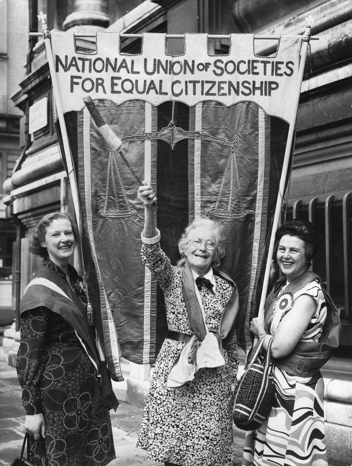 Suffragist Dame Margery Corbett Ashby with Fawcett Society members Virginia Novarra and Pamela Anderson at a meeting to call for anti-discrimination legislation, 18 June 1973. PA Photos/TopFoto.