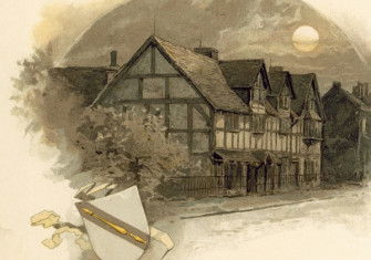 William Shakespeare’s birthplace on Henley Street, Stratford-upon-Avon, from Shakespeare and his Birthplace, by Emma Marshall, 1890. Look and Learn/Bridgeman Images.