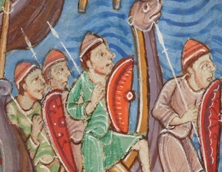 The Danish fleet, from the Miscellany on the life of St. Edmund, Bury St Edmunds, c.1130. Bridgeman Images.