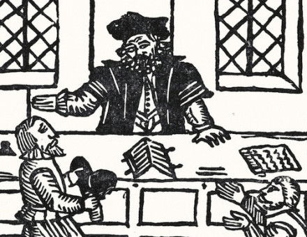 Woodcut illustration from the Roxburghe Ballads showing a man pleading before a lawyer or magistrate, early 17th century. Bridgeman Images.