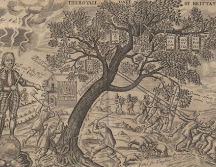 Oliver Cromwell chopping down ‘The Royall Oake of Brittayne’, 1653. Prints, Drawings and Watercolors from the Anne S.K. Brown Military Collection. Brown Digital Repository. Brown University Library. Public Domain.