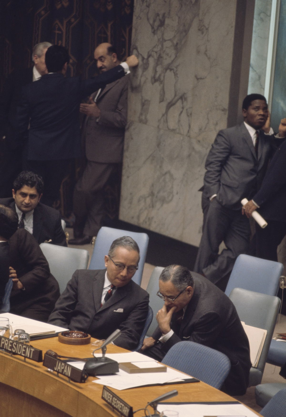 U Thant, with under-secretary-general for special political affairs Ralph Bunch, at the United Nations, Bernard Gotfryd, 1966. Library of Congress. Public Domain.
