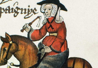the Wife of Bath, the Ellesmere Manuscript of Chaucer’s Canterbury Tales, c.1410.