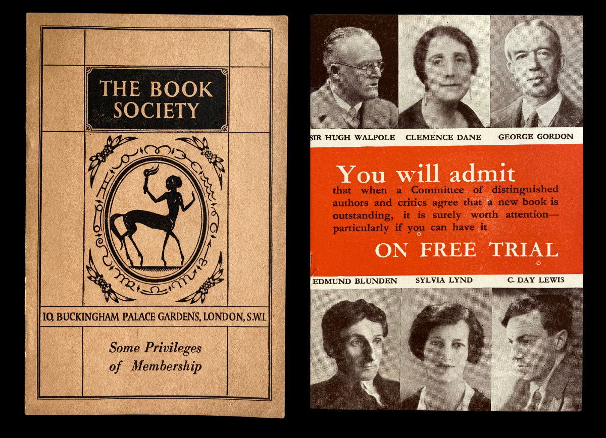 A members’ booklet for the Book Society and a promotional flyer. From the Centre for Ephemera Studies; Lettering, Printing and Graphic Design Collections; Department of Typography and Graphic Communication, University of Reading. With thanks to Emma Minns